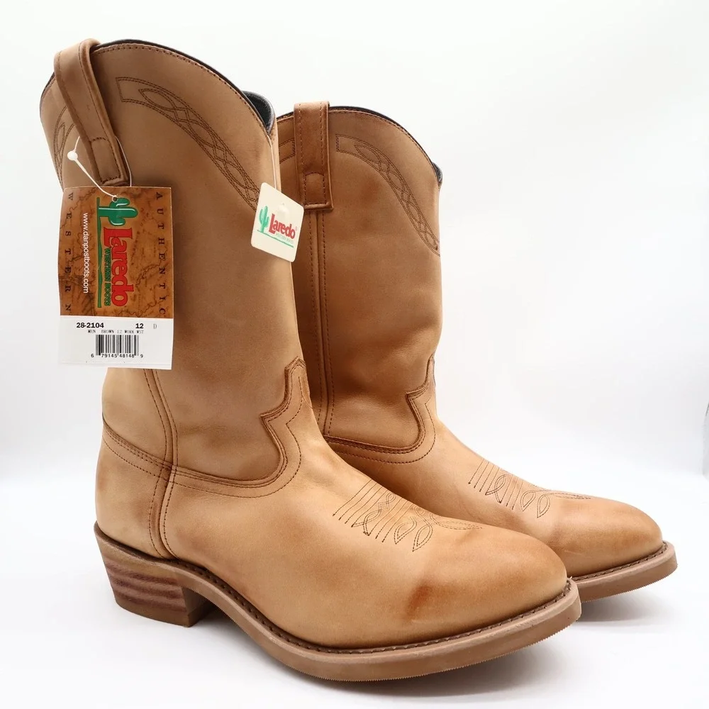 Laredo Y2K Western Boots Mens 12 D Tan Brown Leather Work Cowboy 2104 NIB